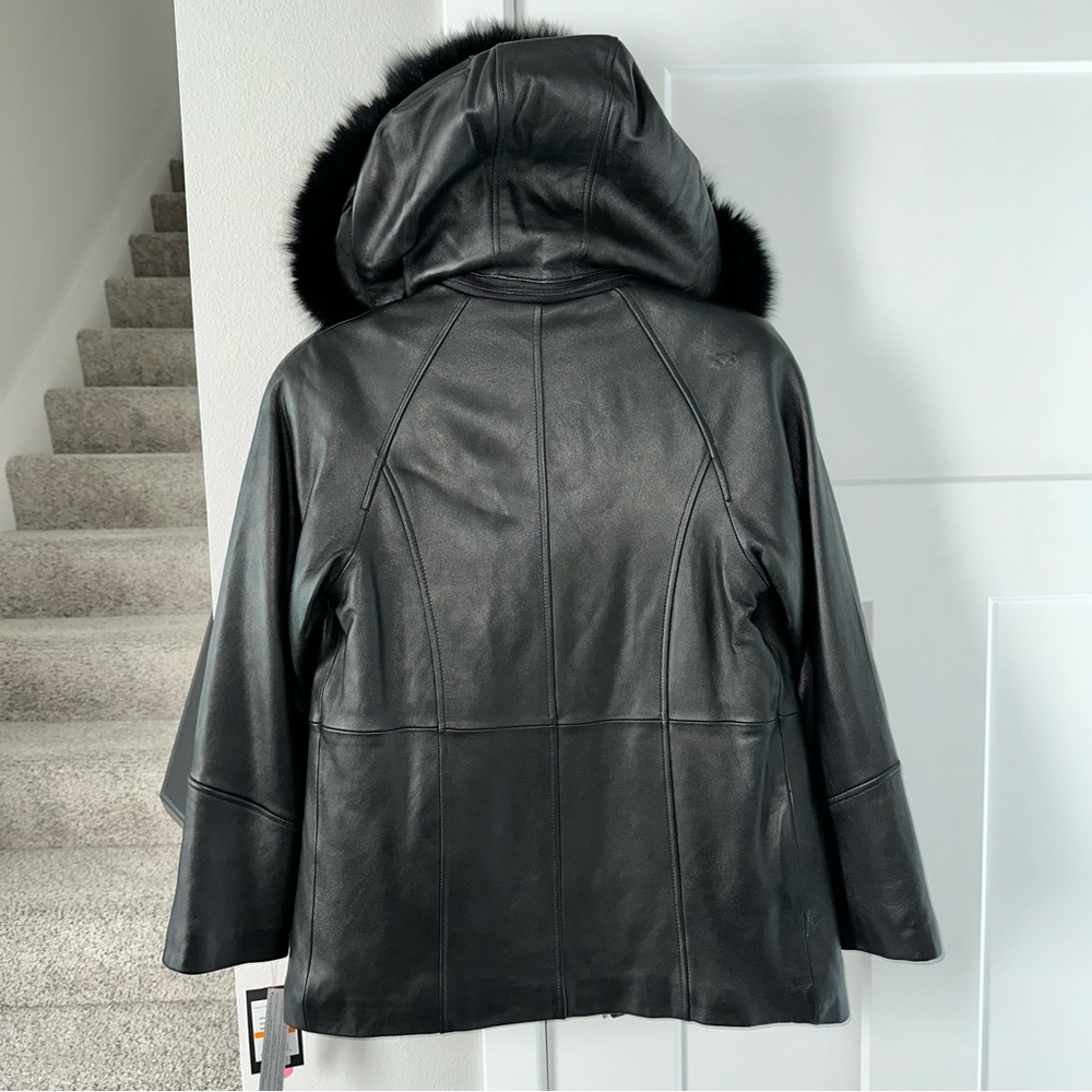 NWT Black Genuine Lambskin Leather Women's Jacket Coat with Faux Fur Trim. PS - Picture 3 of 8